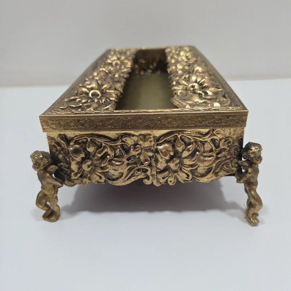 Vintage Cherub Angel Footed Tissue Box Vanity Gold Tone Ormolu